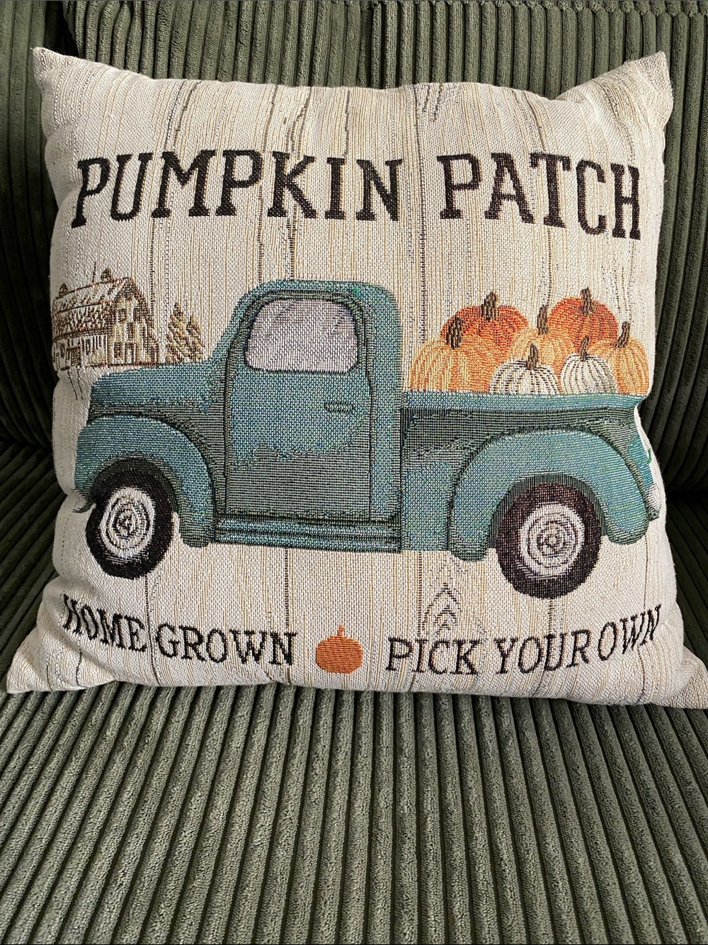 Pumpkin Patch Teal Truck Decorative Throw Pillow